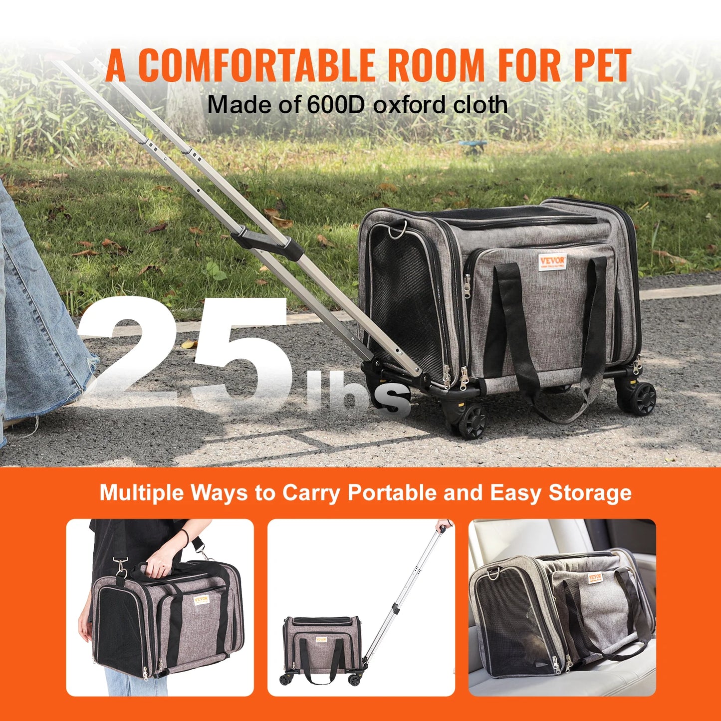 Breathable Cat Dog Carrier Backpack with Wheels and Handle