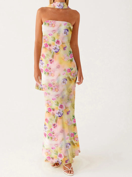 Elegant Floral Print Strapless Maxi Dress with Headscarf