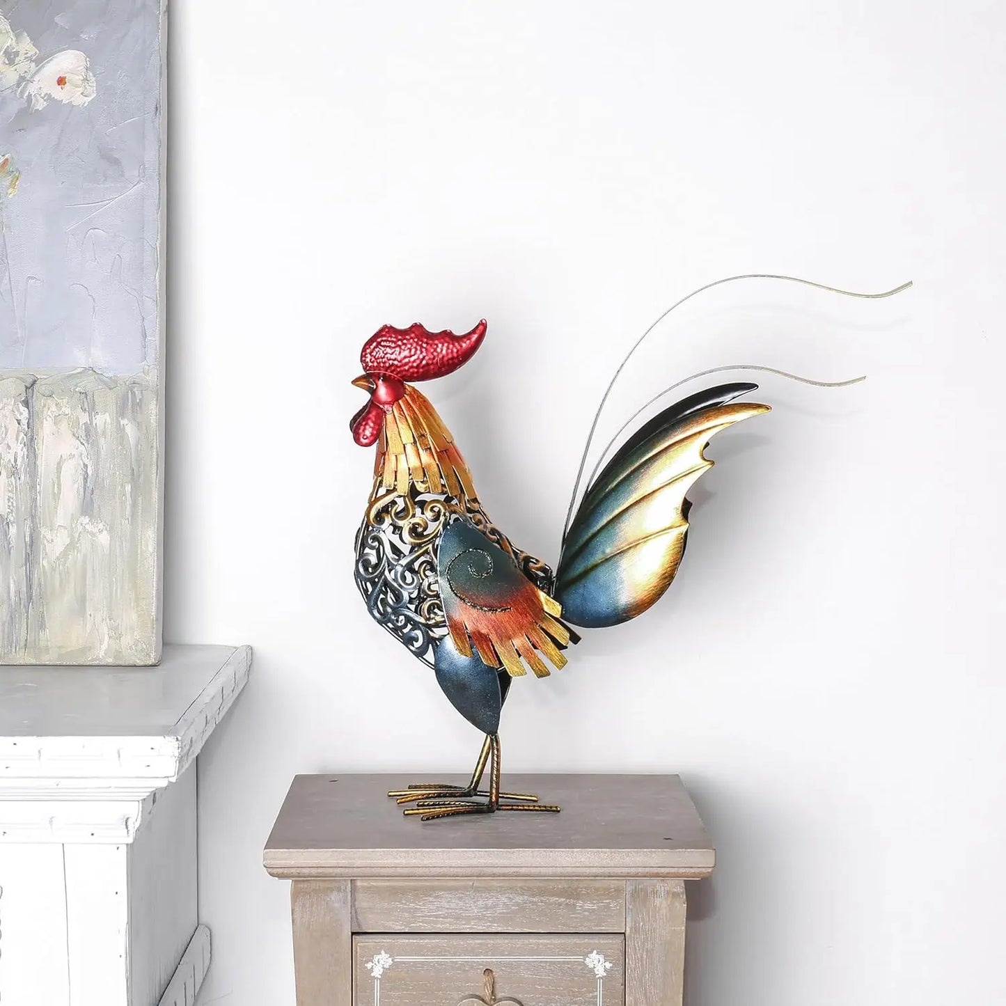 Metal Rooster Sculpture Vibrant Home Garden Decor