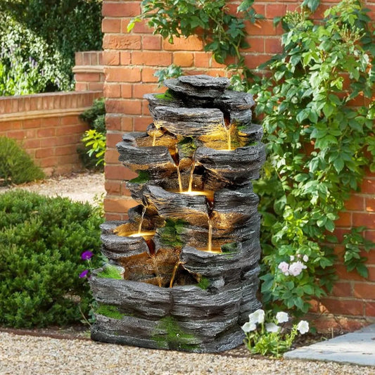 7-Tier Cascading Rock Water Fountain for Outdoor Serenity