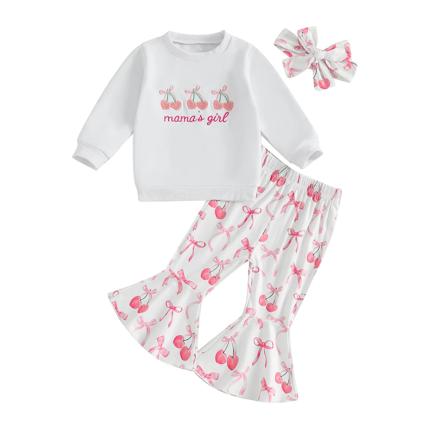 Toddler Girls Cherry Embroidery Outfit with Headband Set