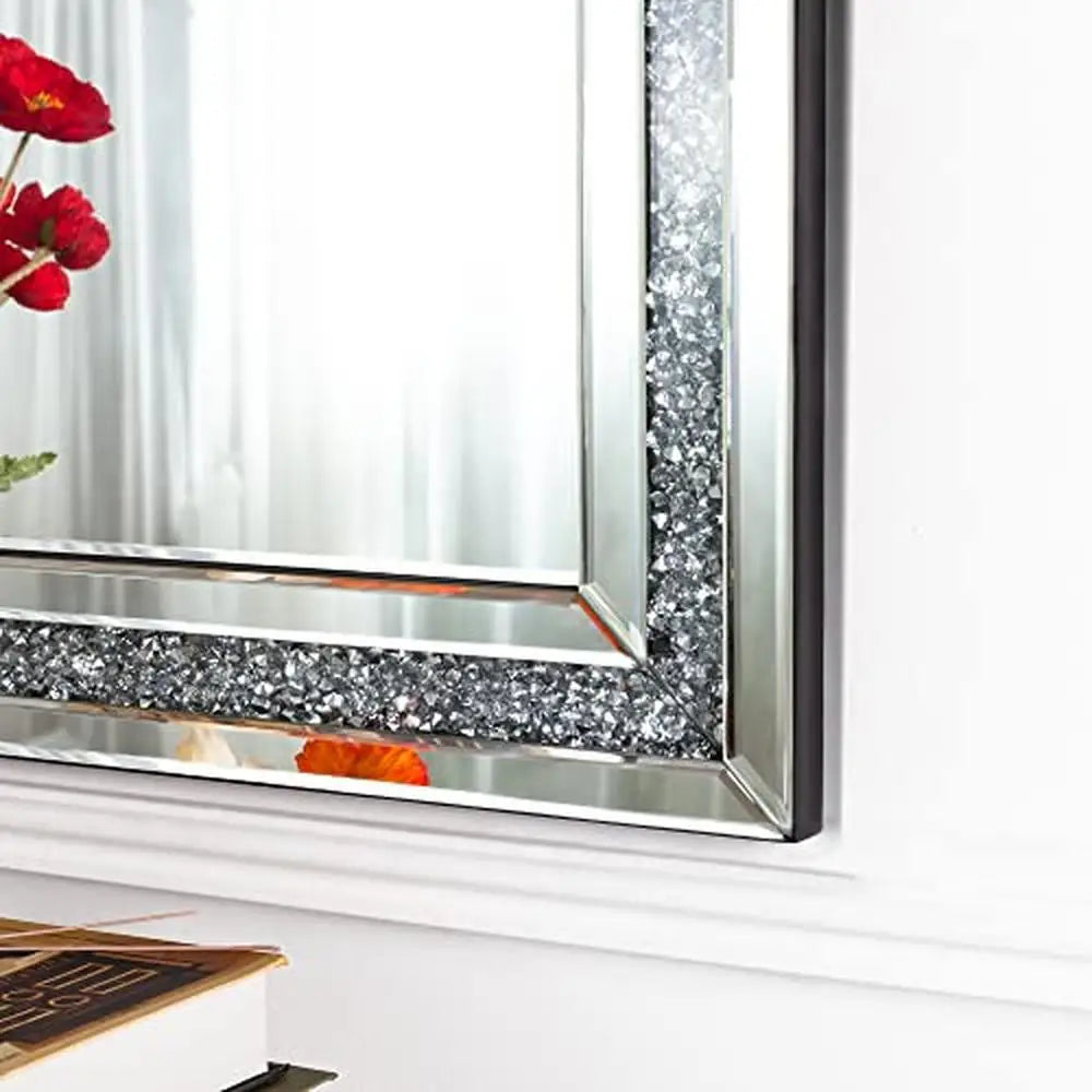 Crushed Diamond Beveled Wall Mirror Silver Luxury Decor MDF