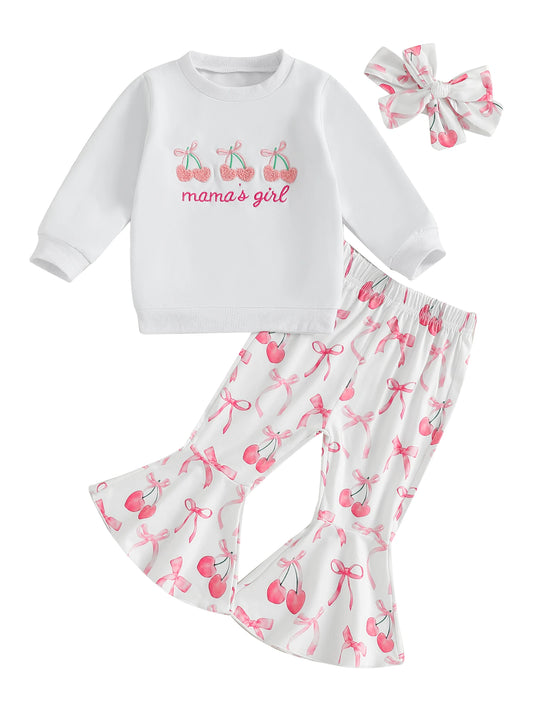 Toddler Girls Cherry Embroidery Outfit with Headband Set