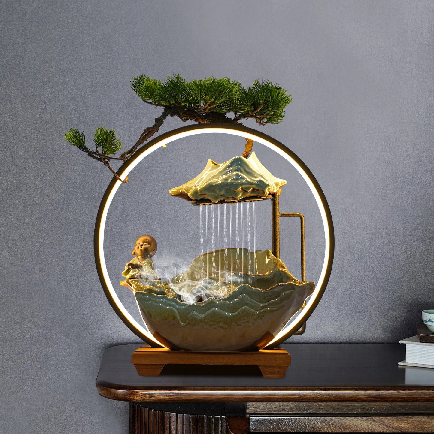 Modern Ceramic and Wood Tabletop Water Fountain for Zen