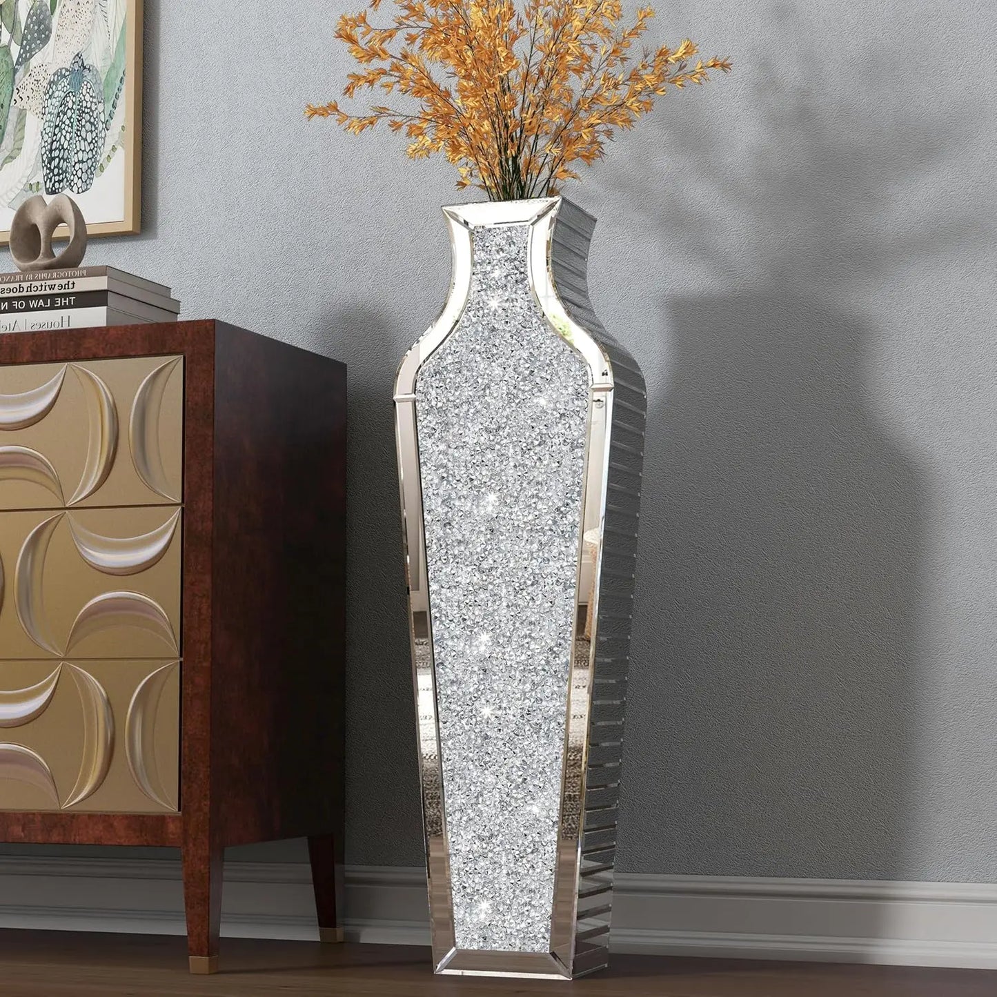 Crushed Diamond Mirrored Floor Vase 68cm Pampas Grass Decor