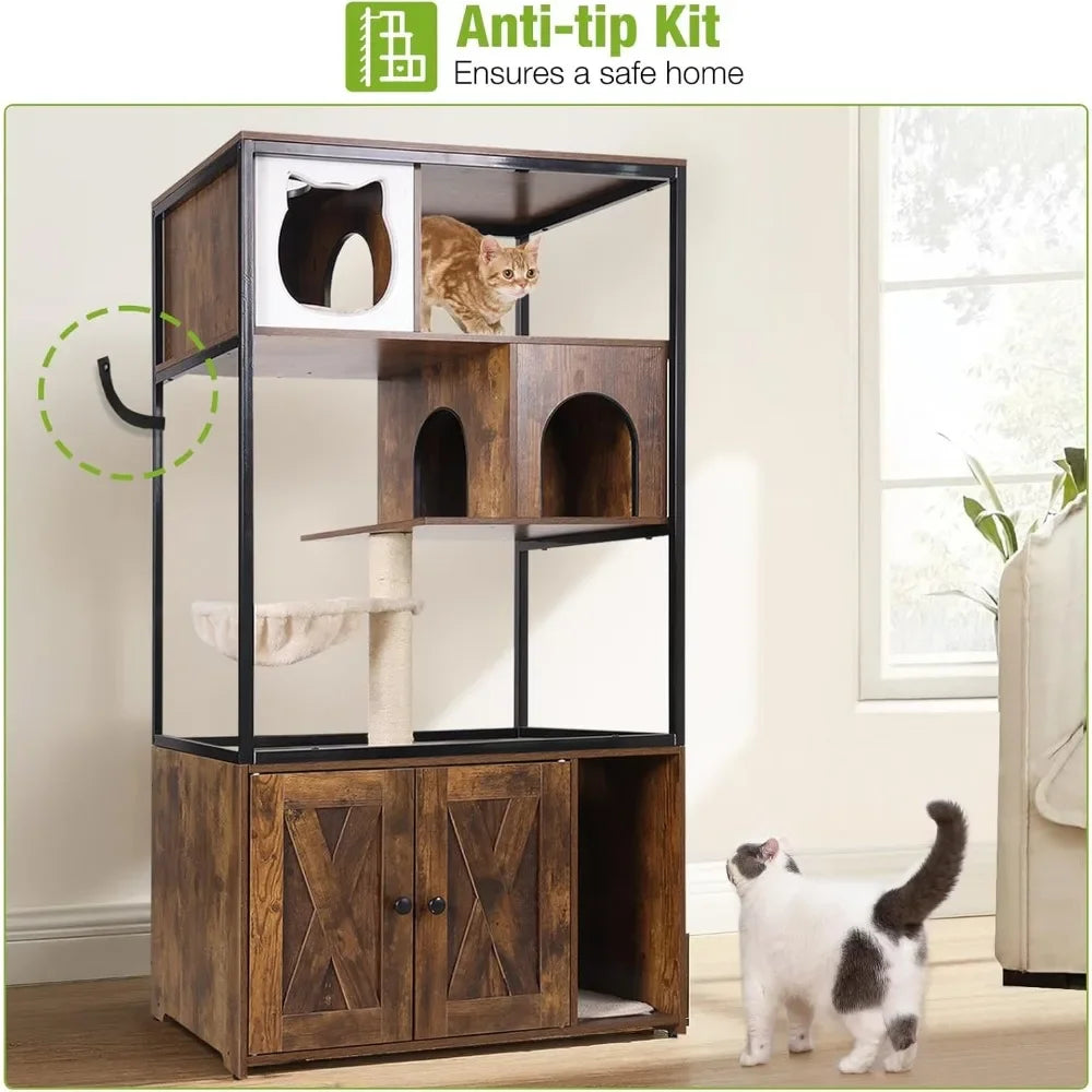 Modern Cat Litter Box Enclosure Cat Tree with Hammock