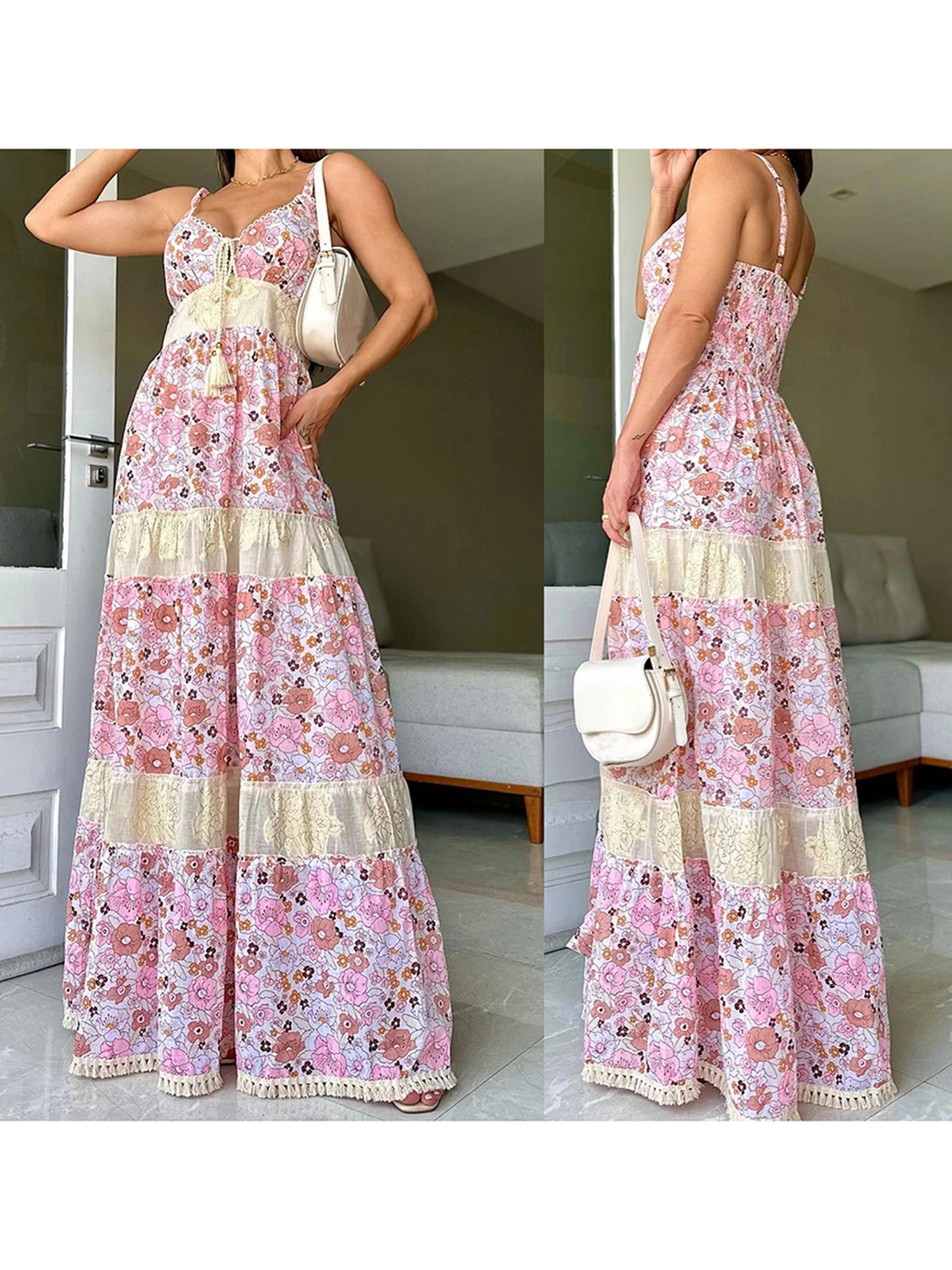 Floral Print Sleeveless Maxi Dress with Tassel Tie Detail