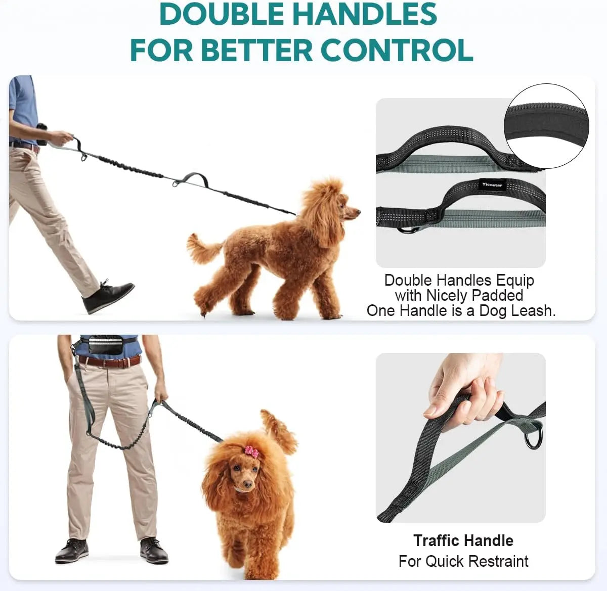 Hands Free Double Dog Leash with Padded Handles and Pouch