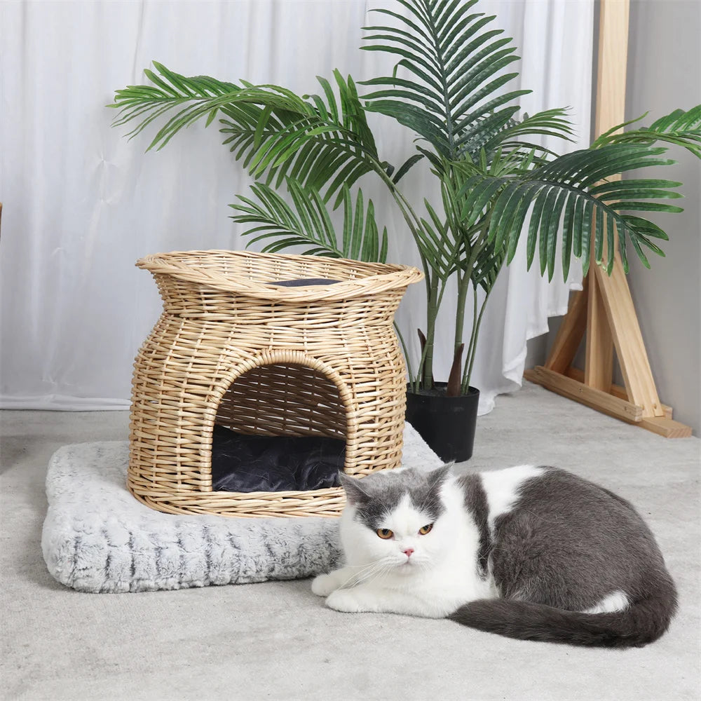 2-Tier Rattan Wicker Elevated Cat House with Soft Cushion