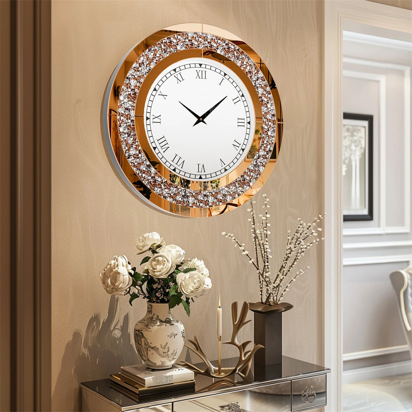 Bling Silver Round Mirror Wall Clock for Glam Home Decor