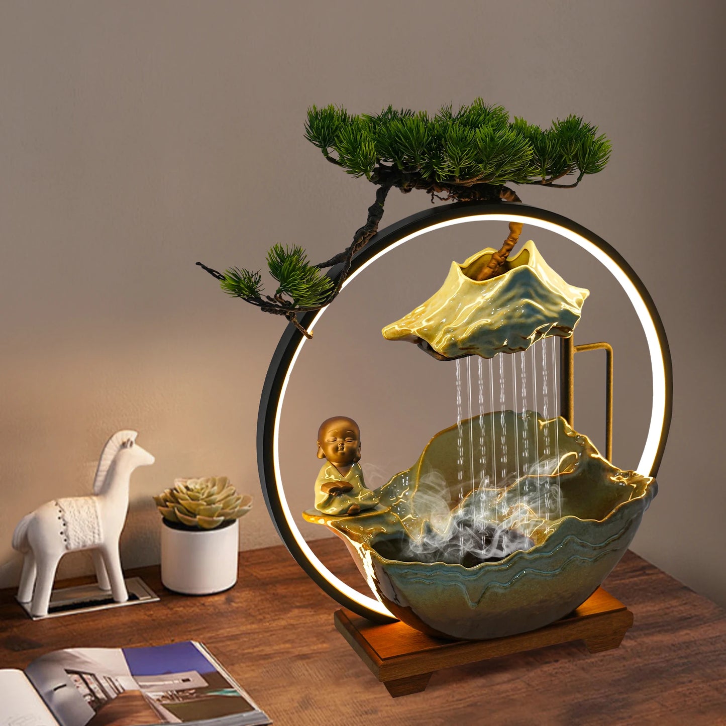 Modern Ceramic and Wood Tabletop Water Fountain for Zen