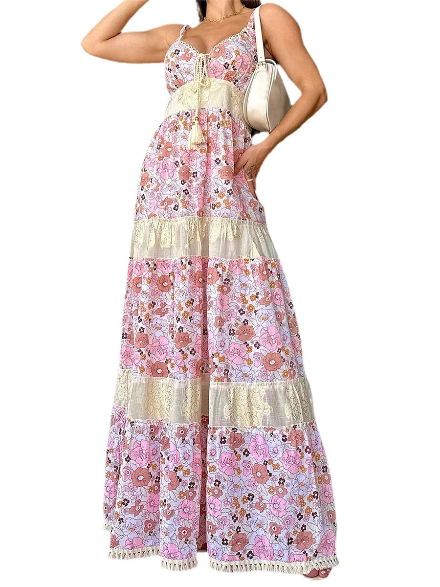 Floral Print Sleeveless Maxi Dress with Tassel Tie Detail