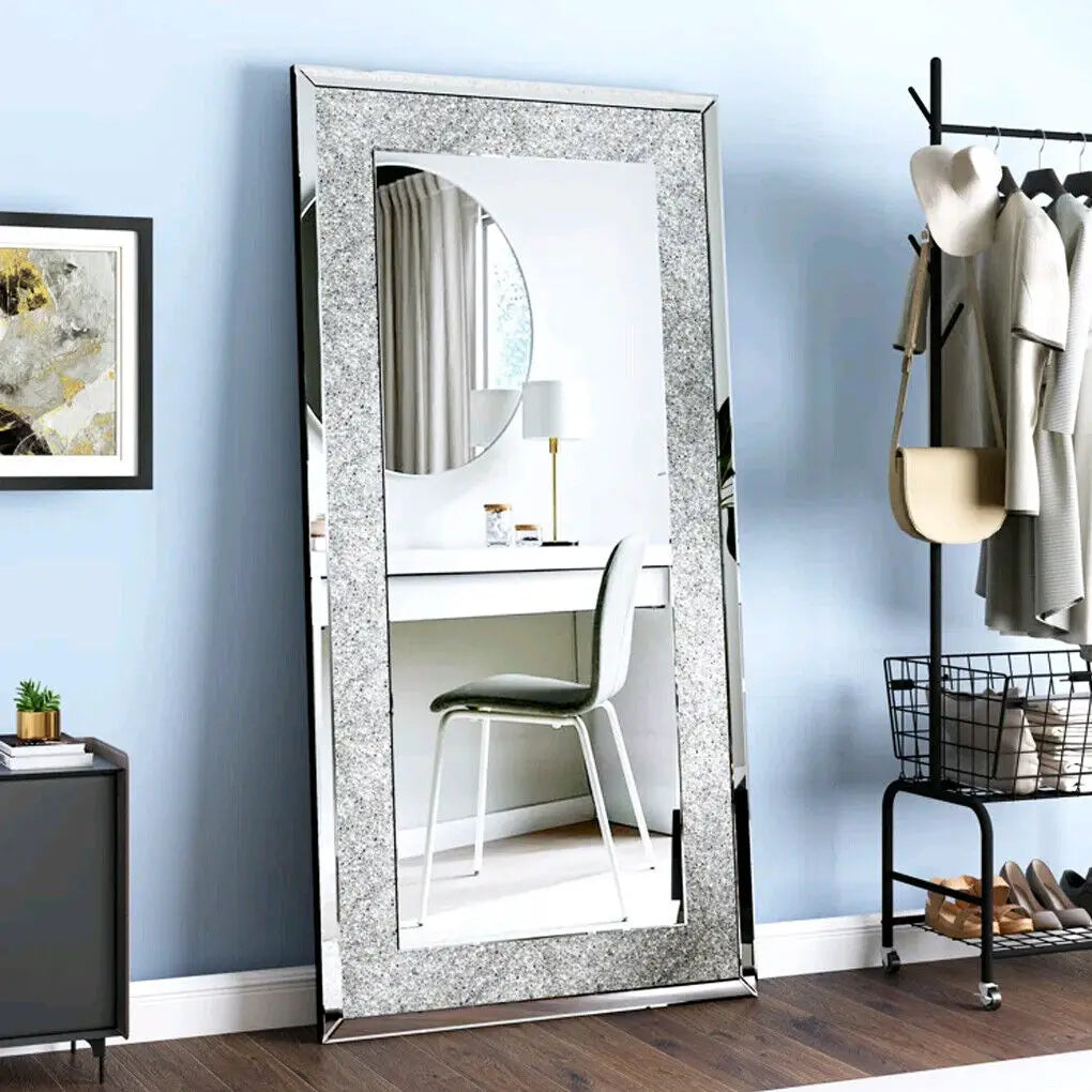 LUVODI Large Silver Sparkly Crystal Frameless Vanity Mirror