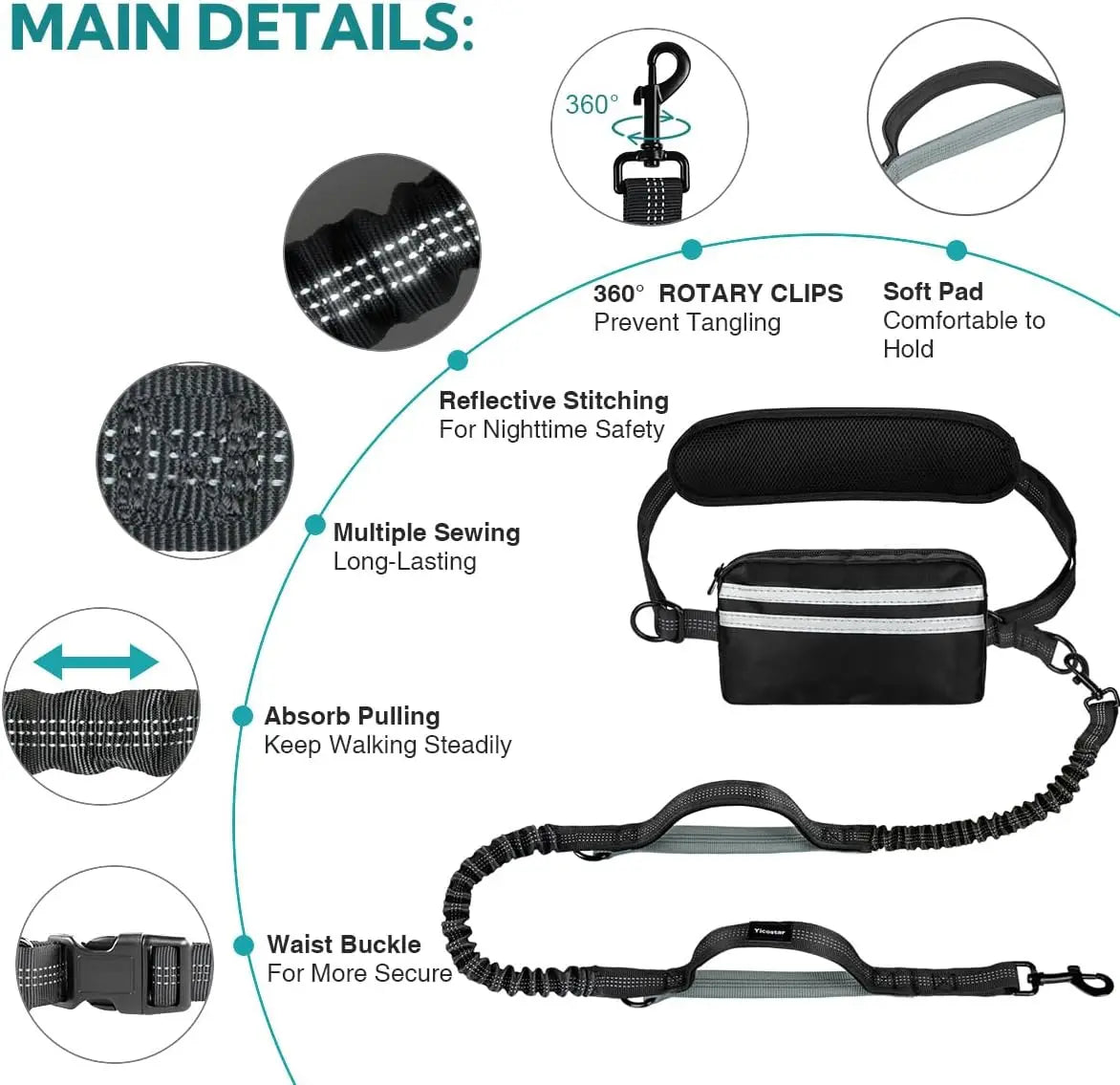 Hands Free Double Dog Leash with Padded Handles and Pouch