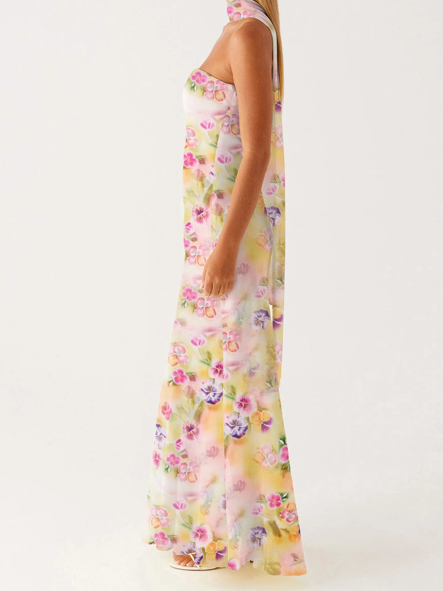Elegant Floral Print Strapless Maxi Dress with Headscarf