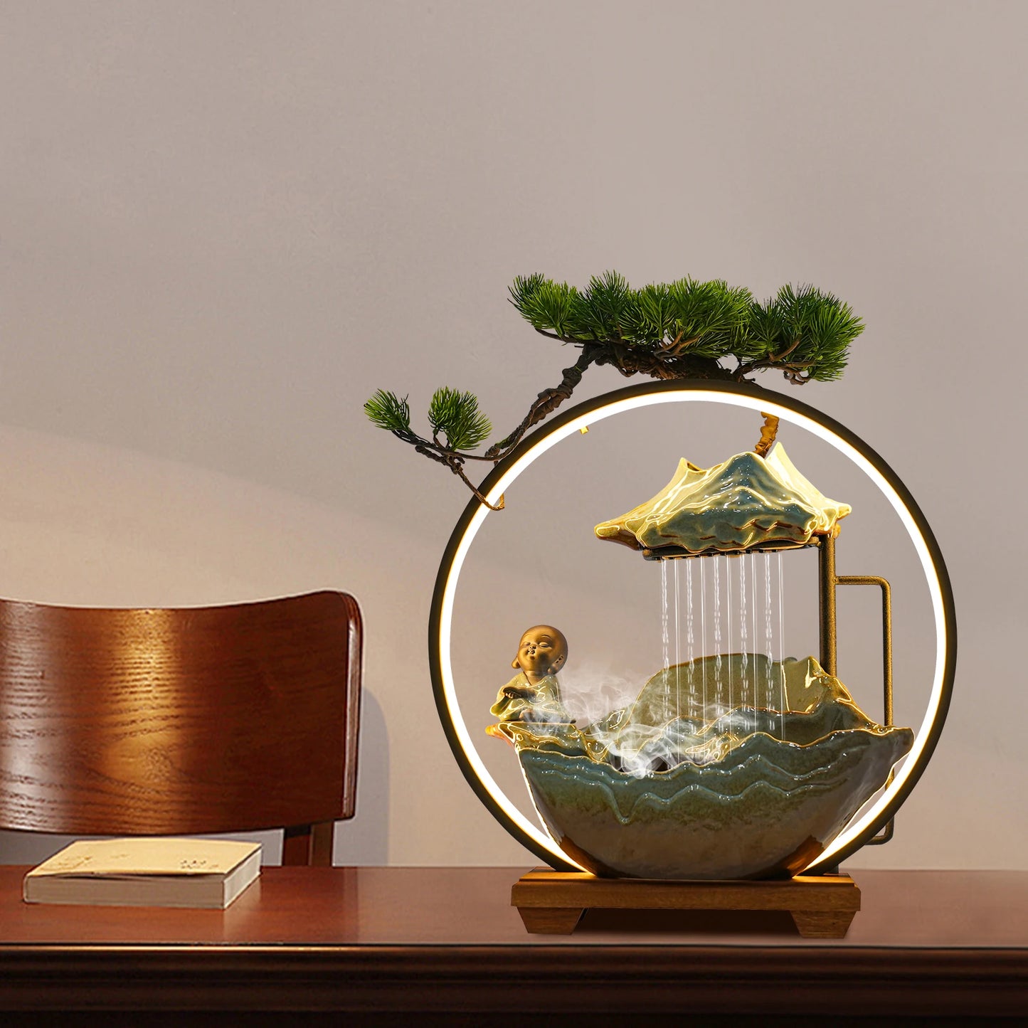 Modern Ceramic and Wood Tabletop Water Fountain for Zen