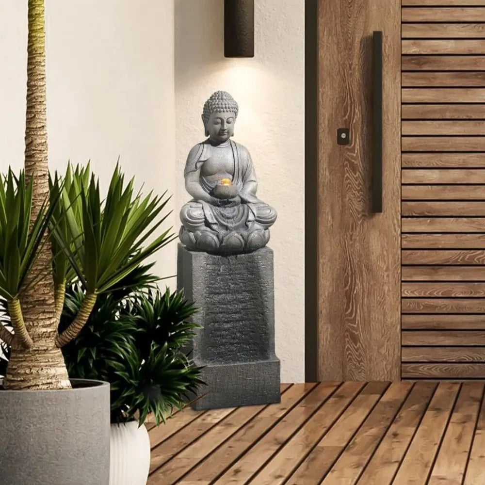 LuxenHome 35 Inch Buddha Outdoor Water Fountain with LED Lights