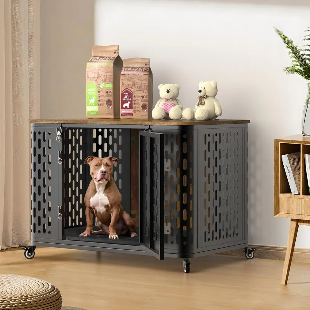 Heavy Duty Dog Crate Furniture with Cushion and Wheels