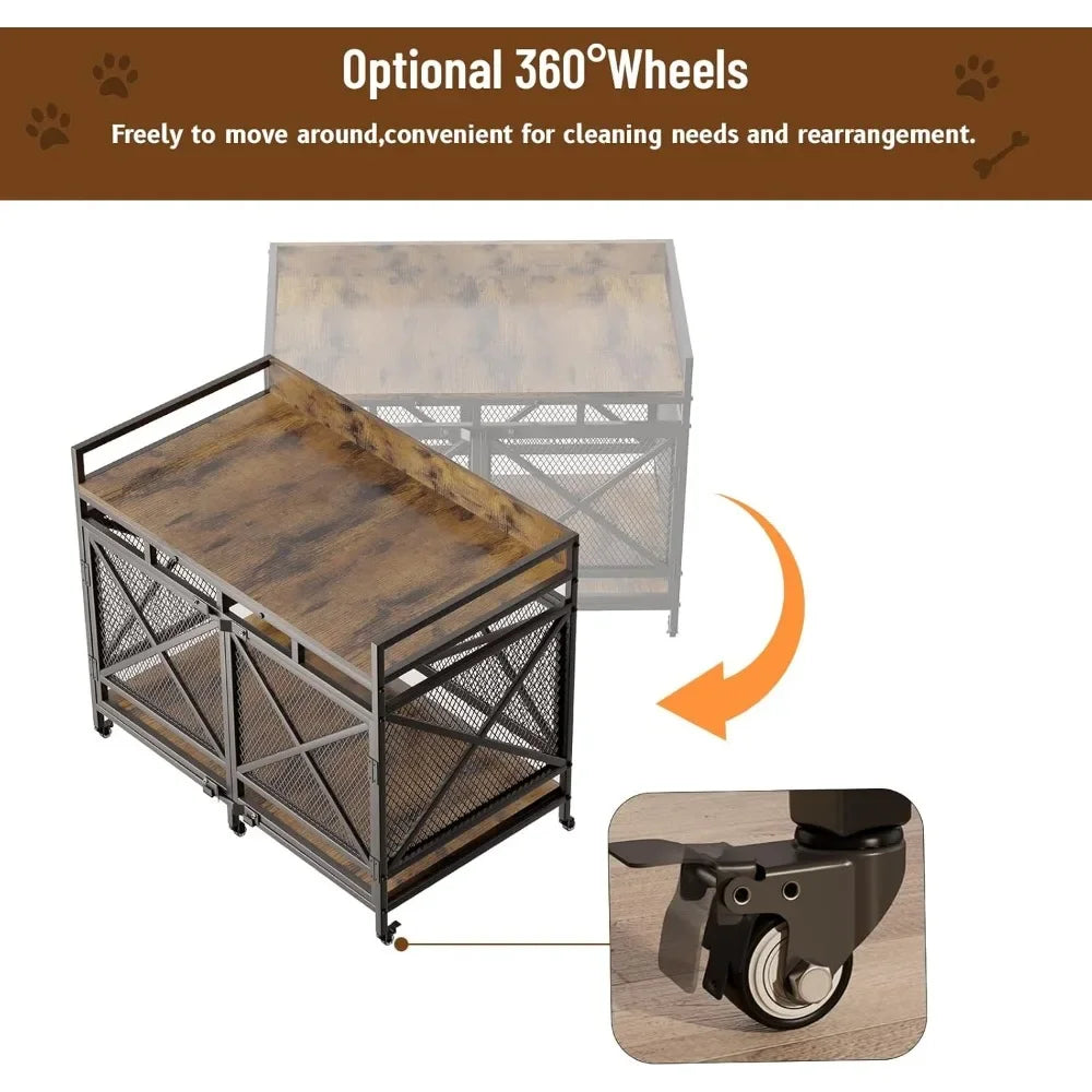 Wooden Dog Crate Furniture With Wheels 48 Inch Cage