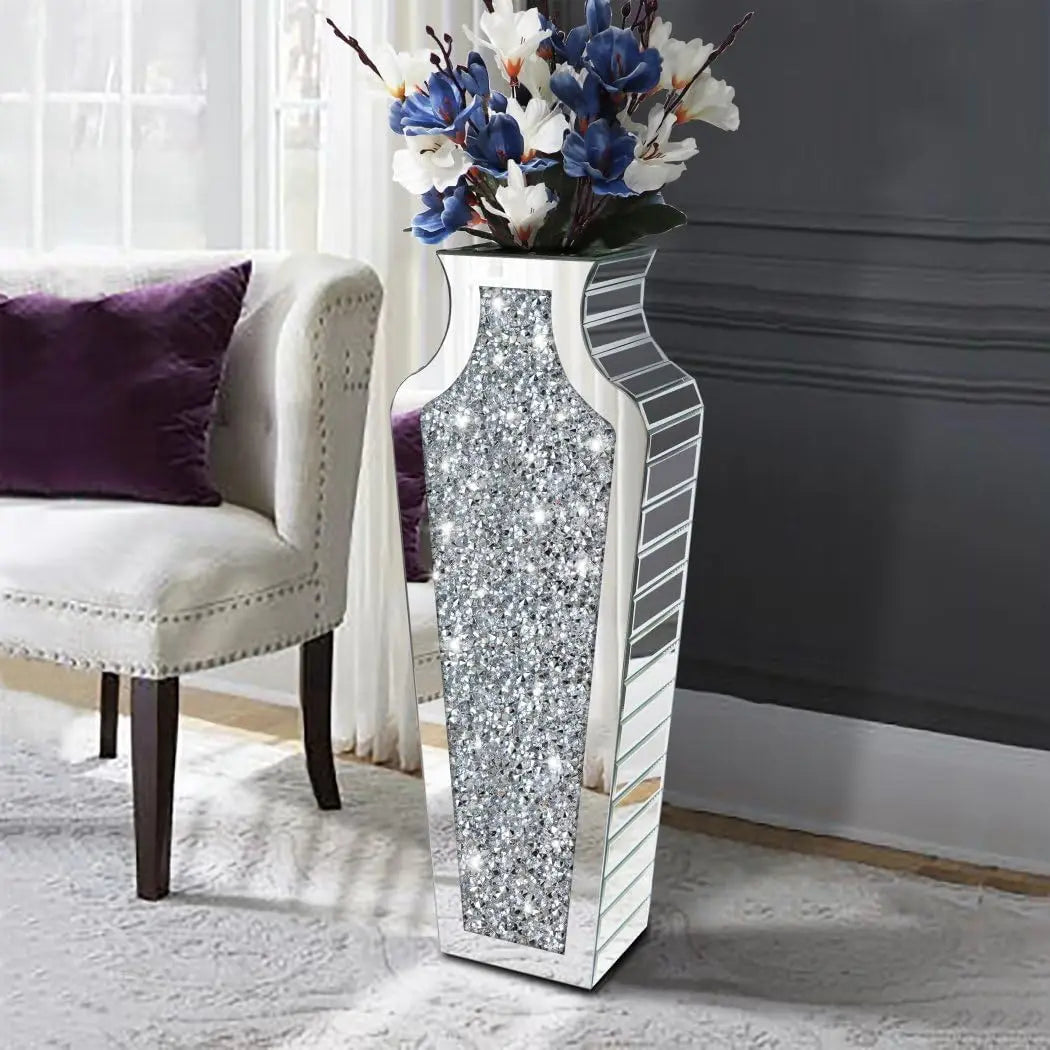 Crushed Diamond Mirrored Floor Vase 68cm Pampas Grass Decor