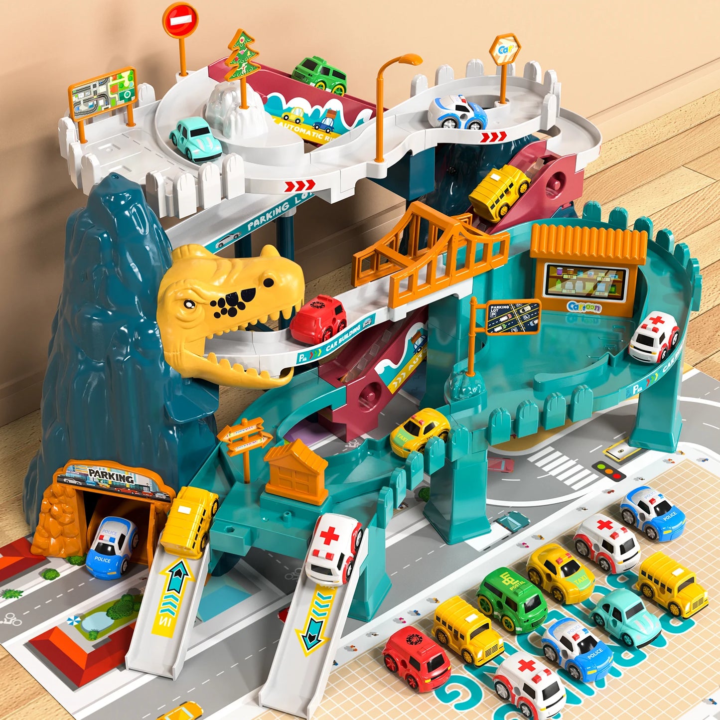 Boys Dinosaur Race Track Playset with Mini Cars for Kids