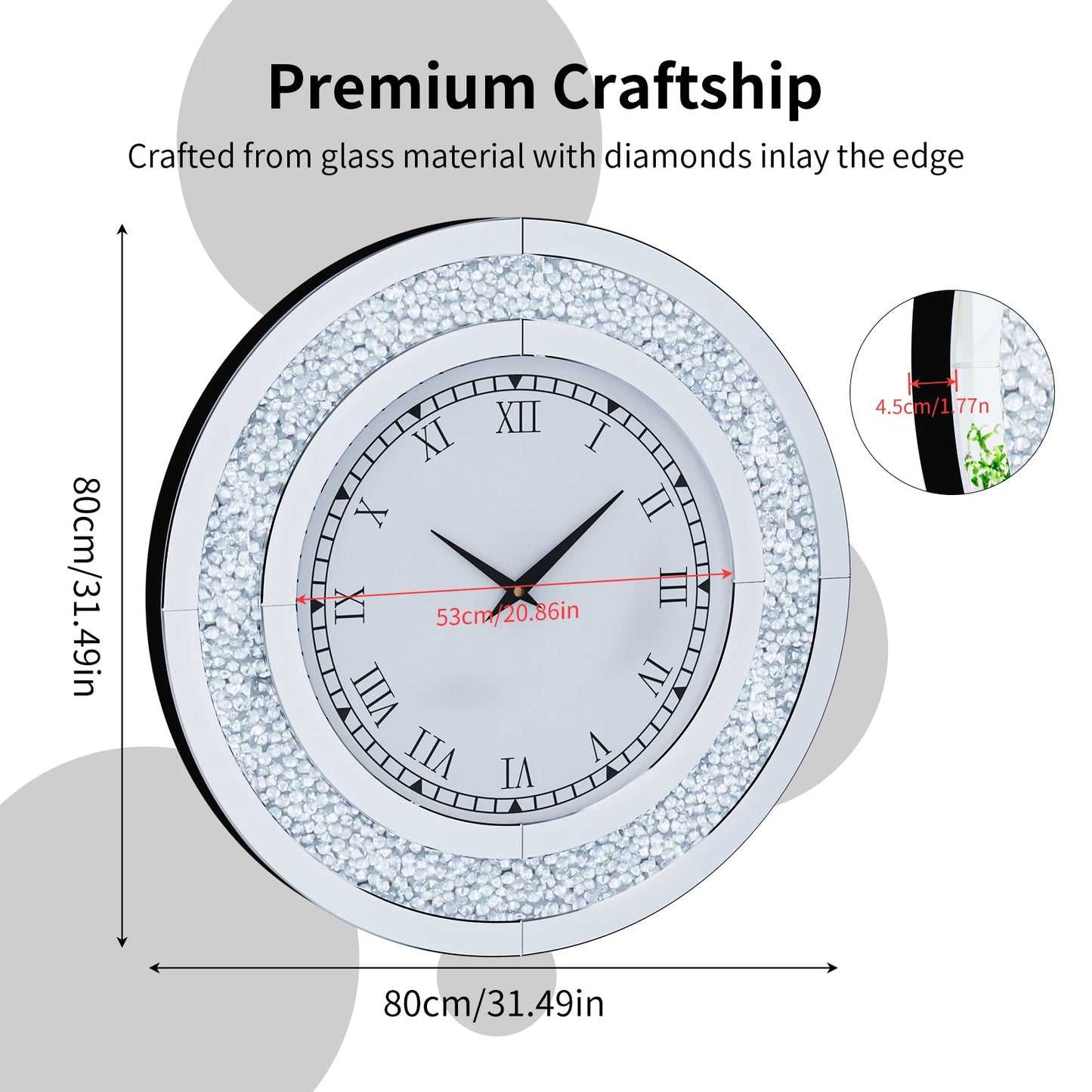 Bling Silver Round Mirror Wall Clock for Glam Home Decor