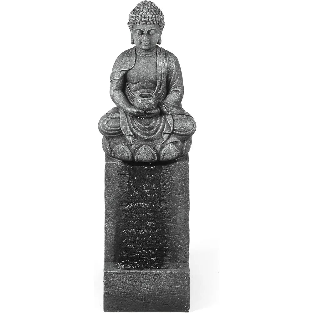 LuxenHome 35 Inch Buddha Outdoor Water Fountain with LED Lights