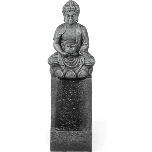 LuxenHome 35 Inch Buddha Outdoor Water Fountain with LED Lights
