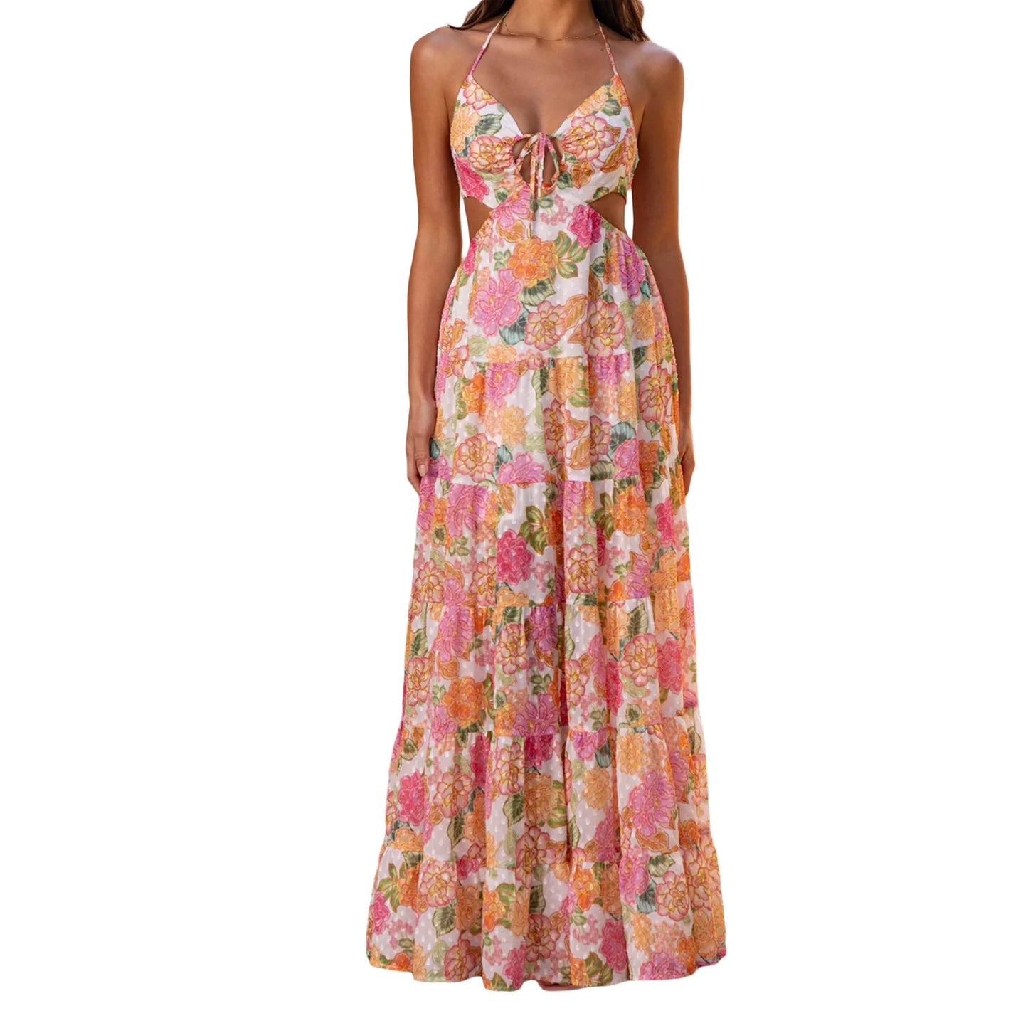 Elegant Boho Chic Maxi Dress with V-Neckline and Ruffles