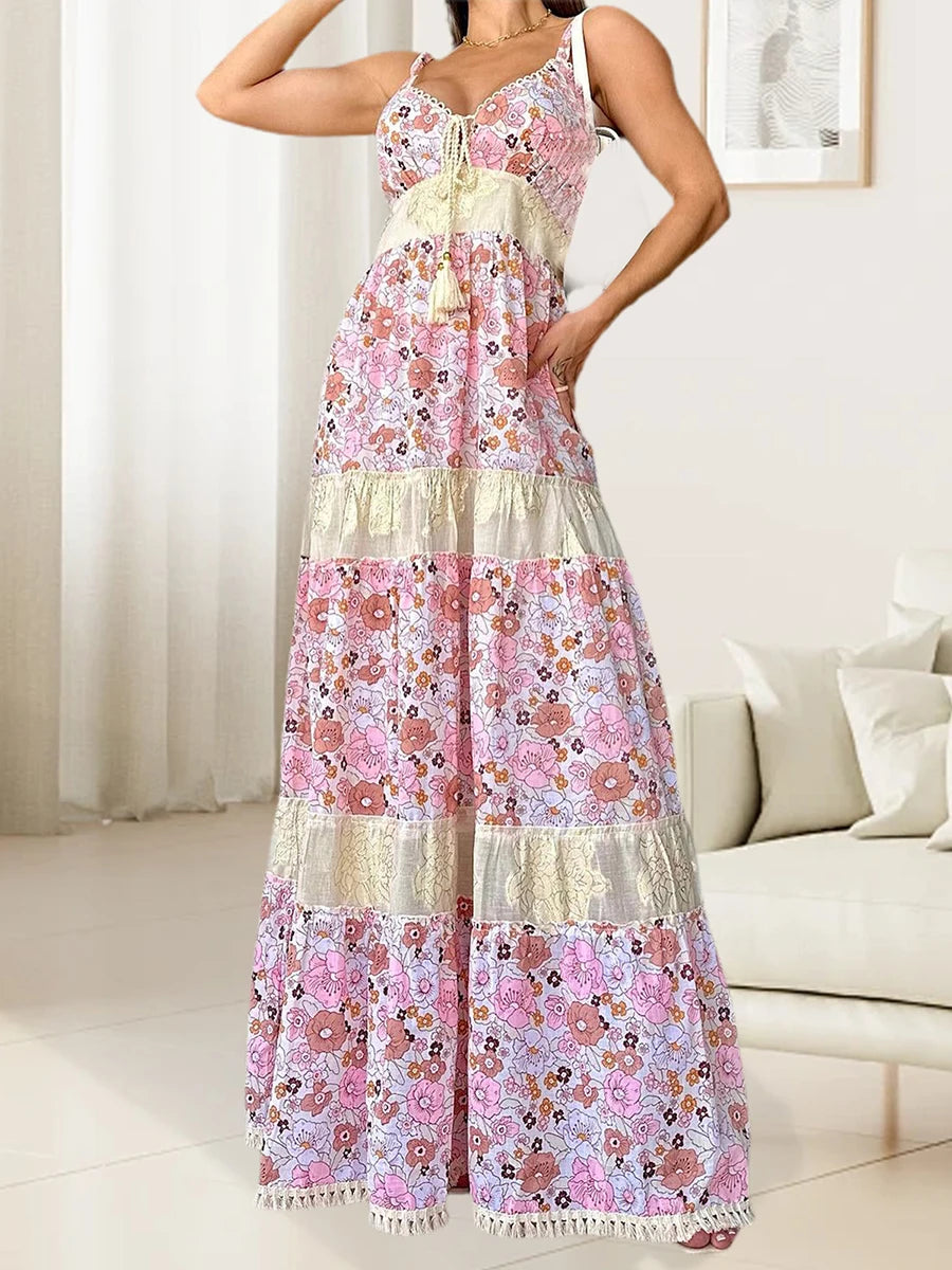 Floral Print Sleeveless Maxi Dress with Tassel Tie Detail