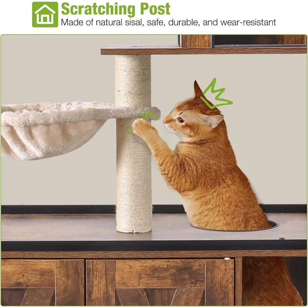 Modern Cat Litter Box Enclosure Cat Tree with Hammock