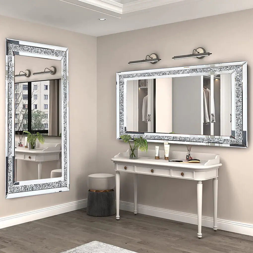 LUVODI Large Silver Sparkly Crystal Frameless Vanity Mirror