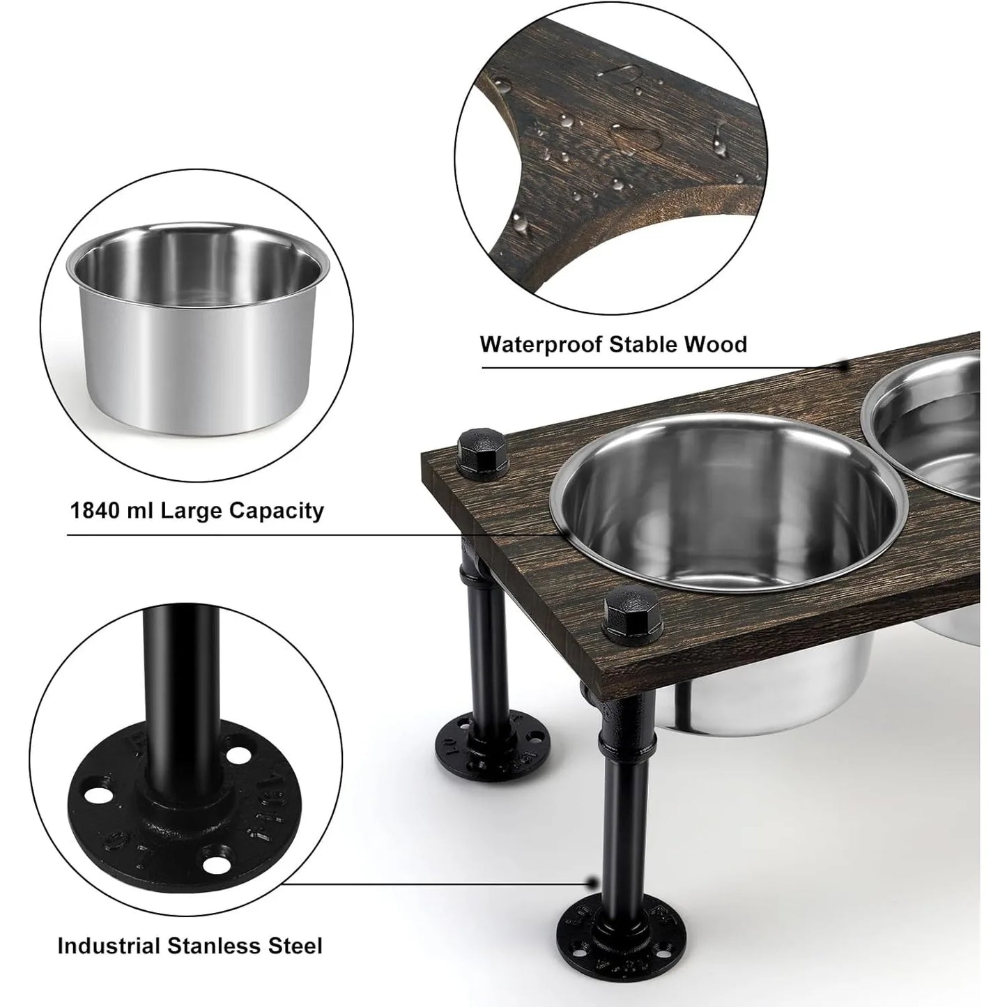 Raised Dog Bowl Stand with Rustic Design and Stainless Bowls