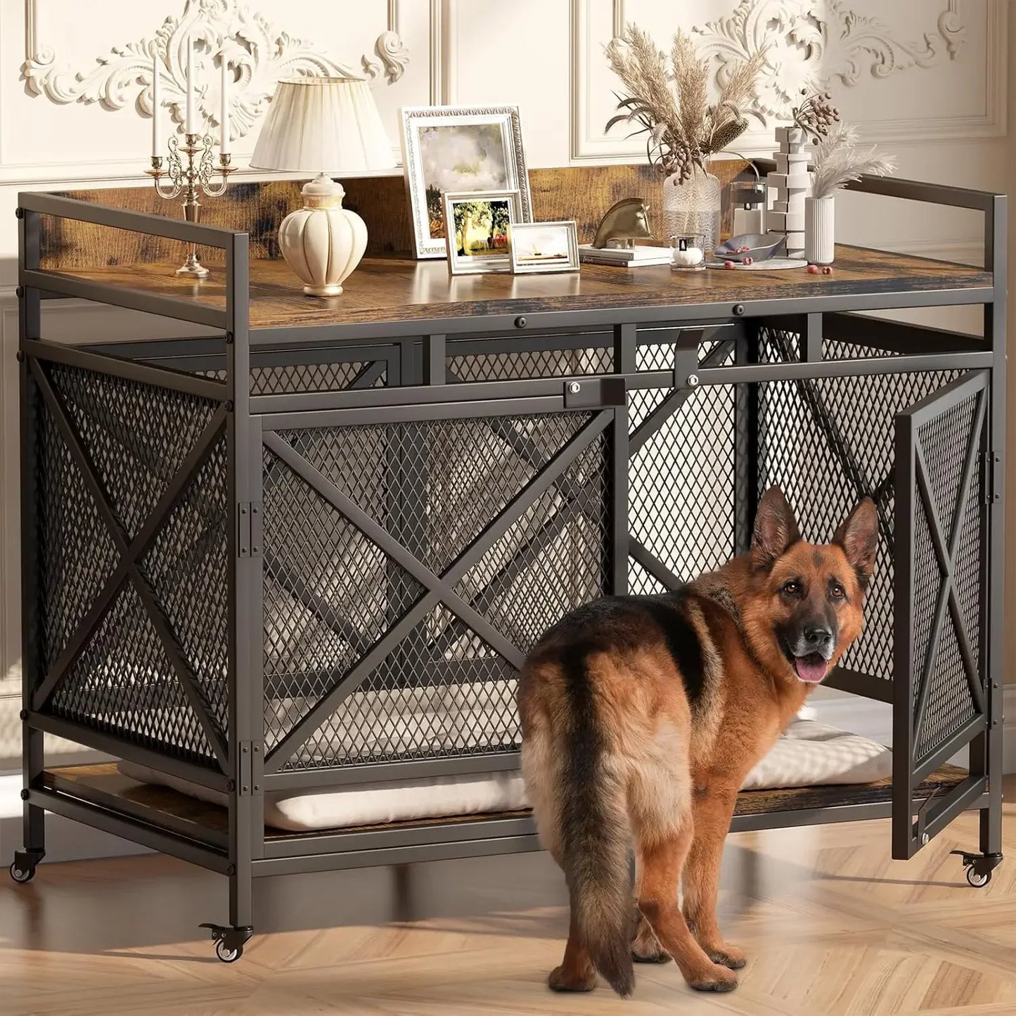 Wooden Dog Crate Furniture With Wheels 48 Inch Cage
