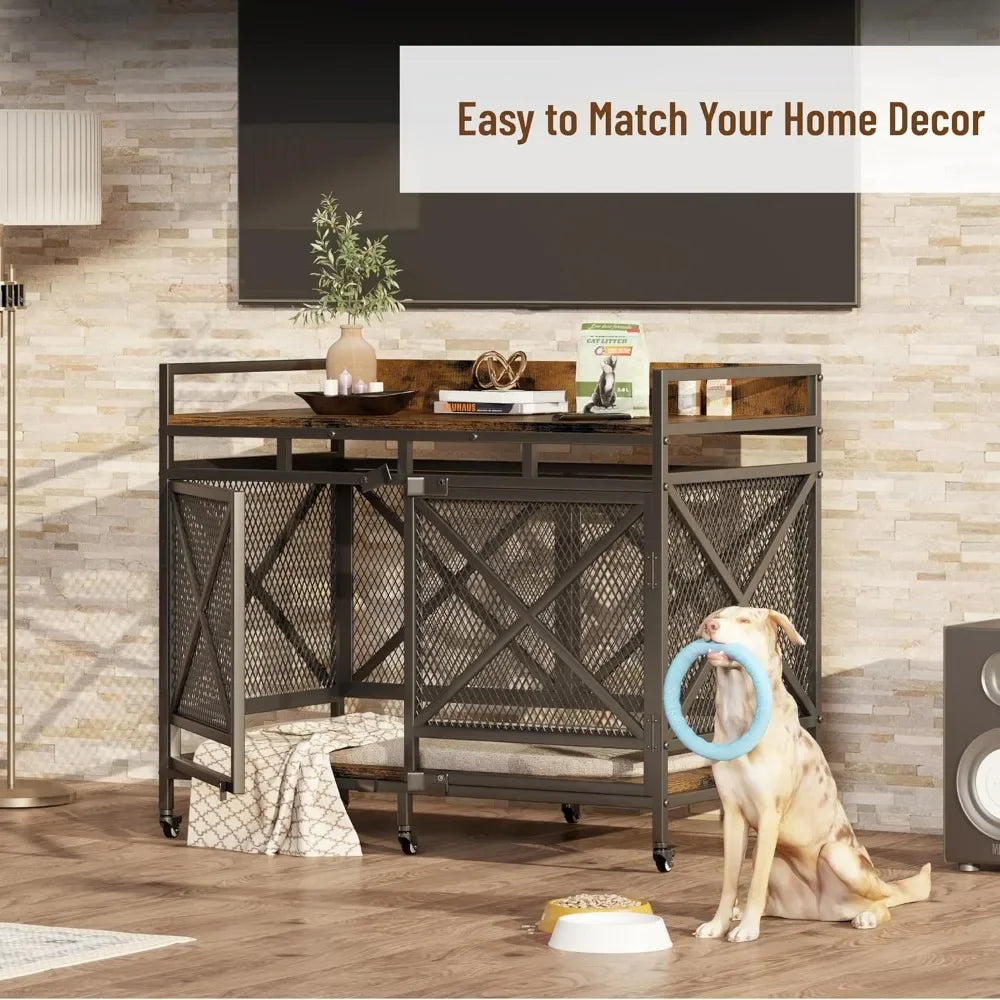 Wooden Dog Crate Furniture With Wheels 48 Inch Cage