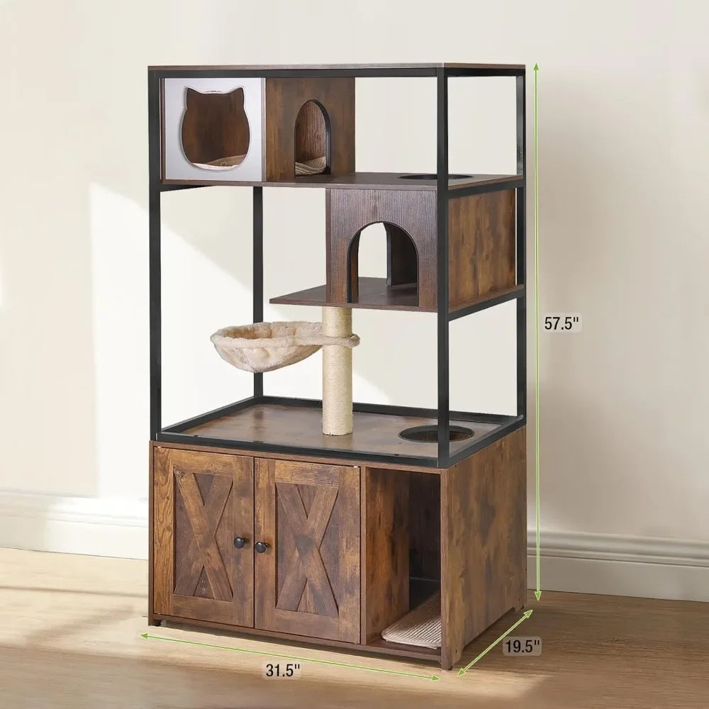 Modern Cat Litter Box Enclosure Cat Tree with Hammock