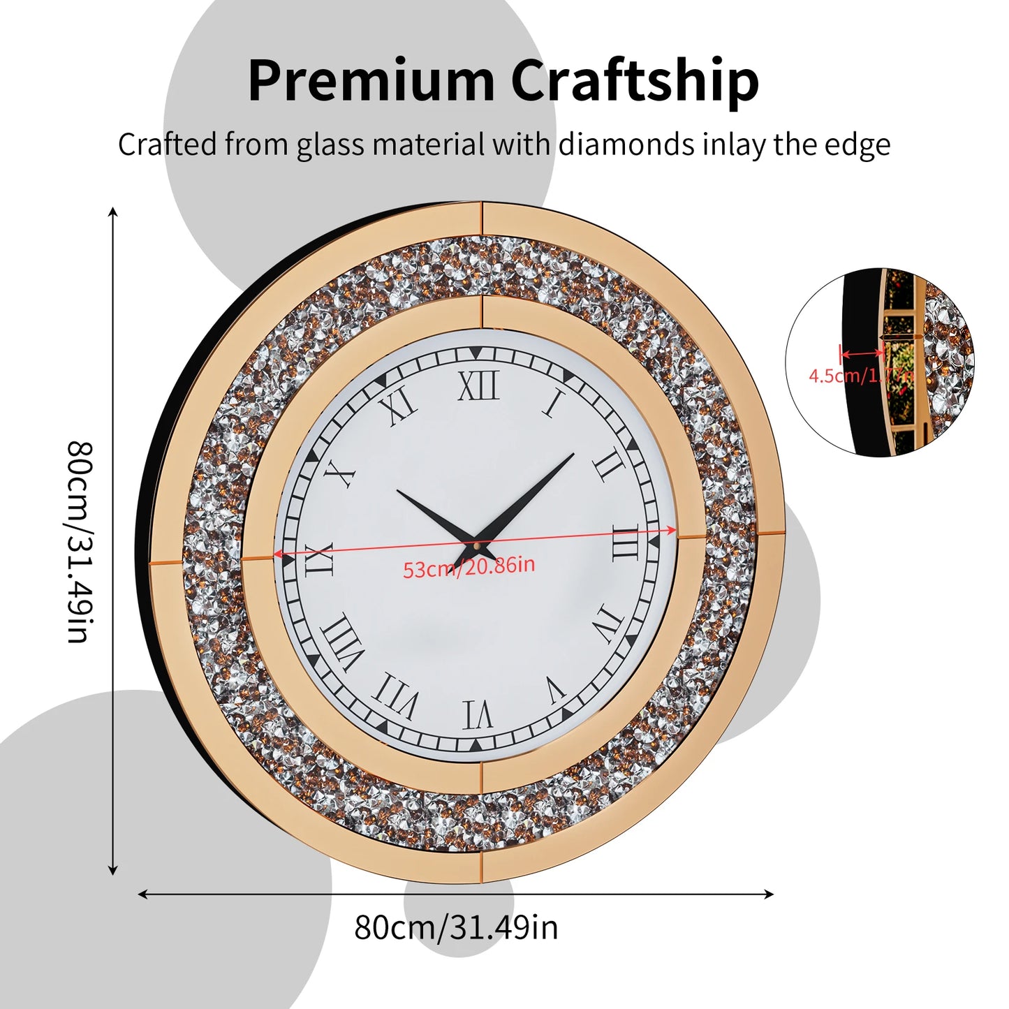 Bling Silver Round Mirror Wall Clock for Glam Home Decor