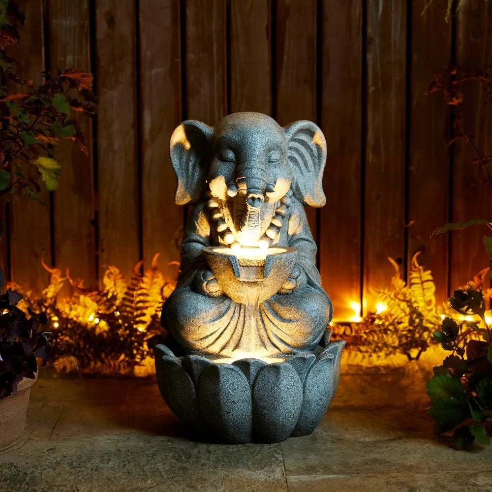 Zen Elephant Outdoor Water Fountain with LED Light
