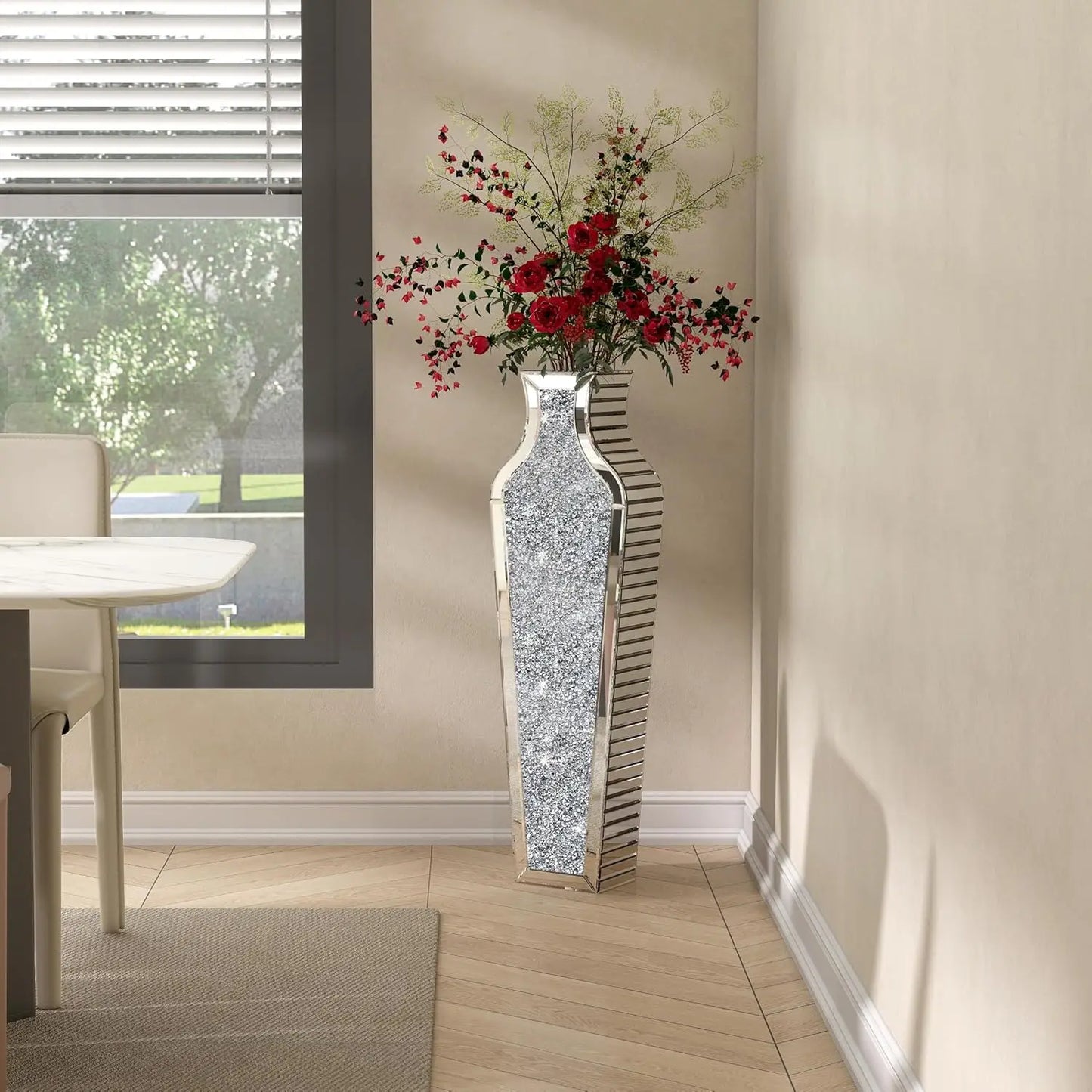 Crushed Diamond Mirrored Floor Vase 68cm Pampas Grass Decor