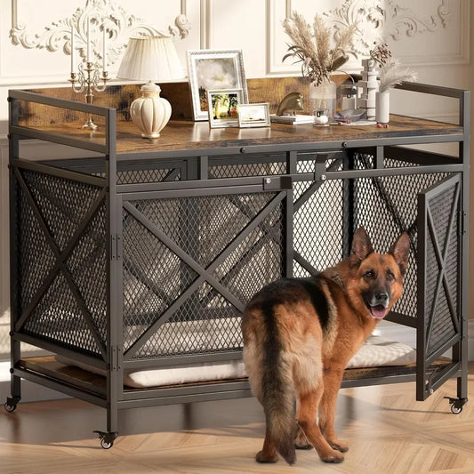 Wooden Dog Crate Furniture With Wheels 48 Inch Cage
