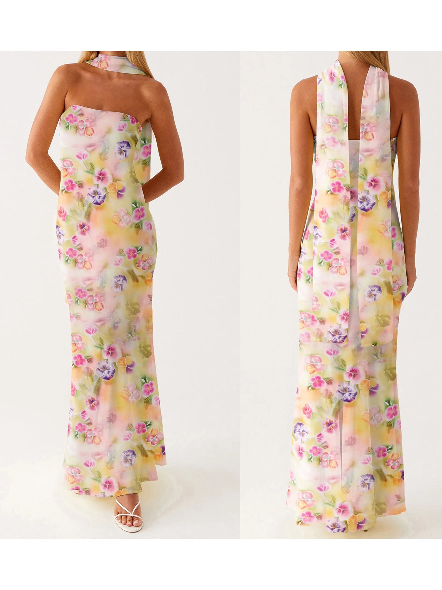 Elegant Floral Print Strapless Maxi Dress with Headscarf