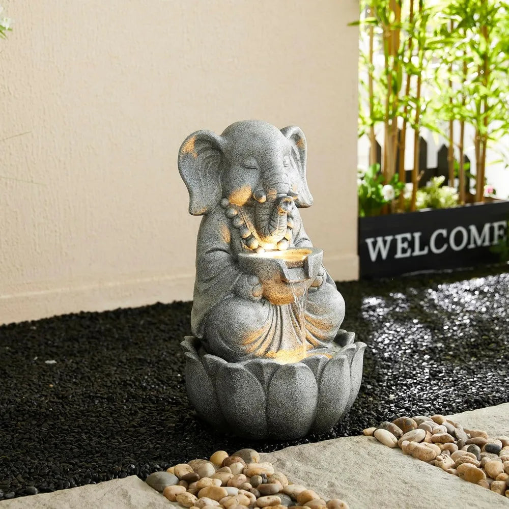 Zen Elephant Outdoor Water Fountain with LED Light