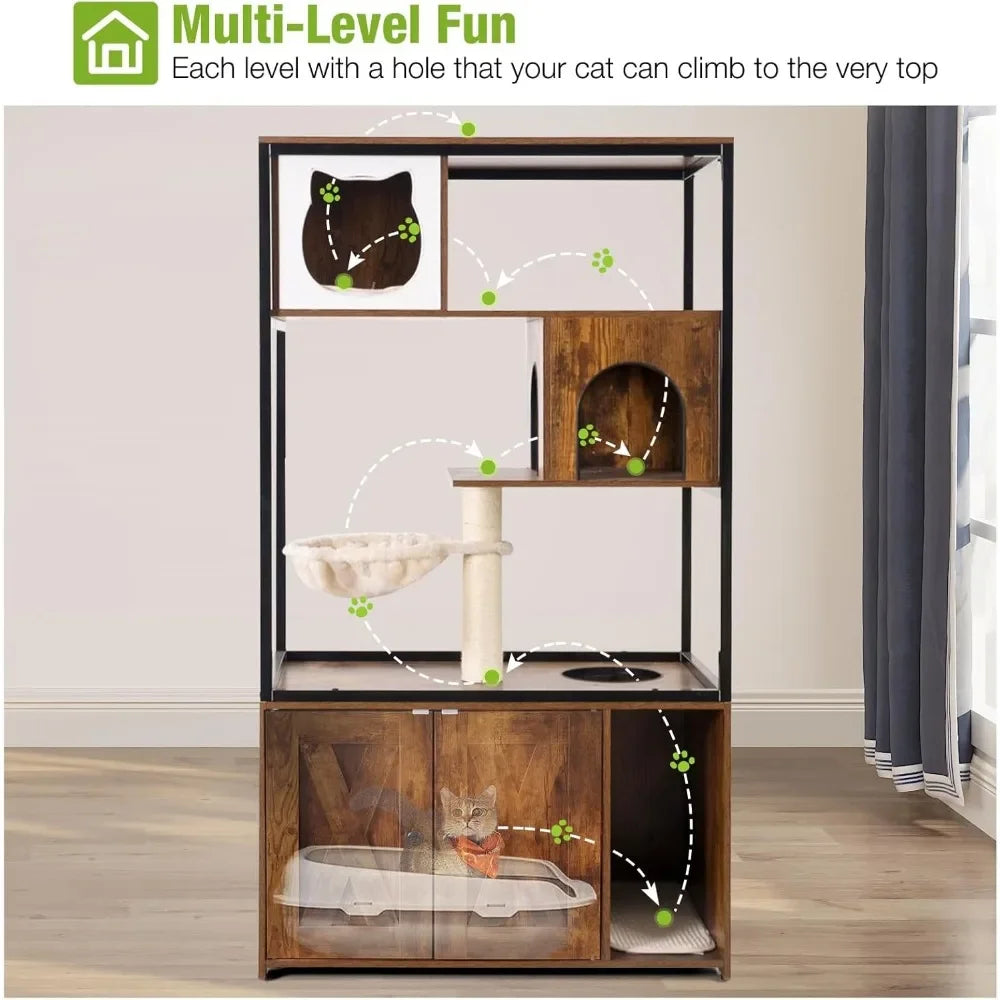 Modern Cat Litter Box Enclosure Cat Tree with Hammock