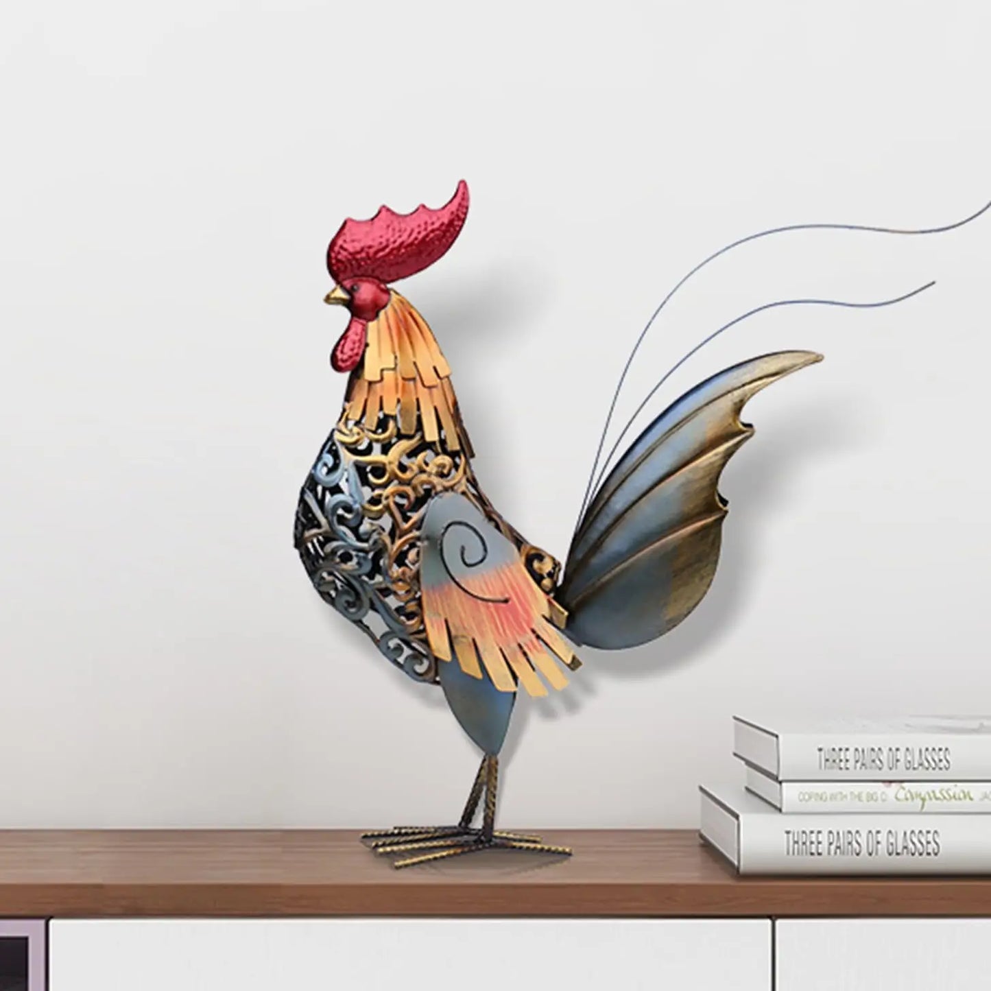 Metal Rooster Sculpture Vibrant Home Garden Decor