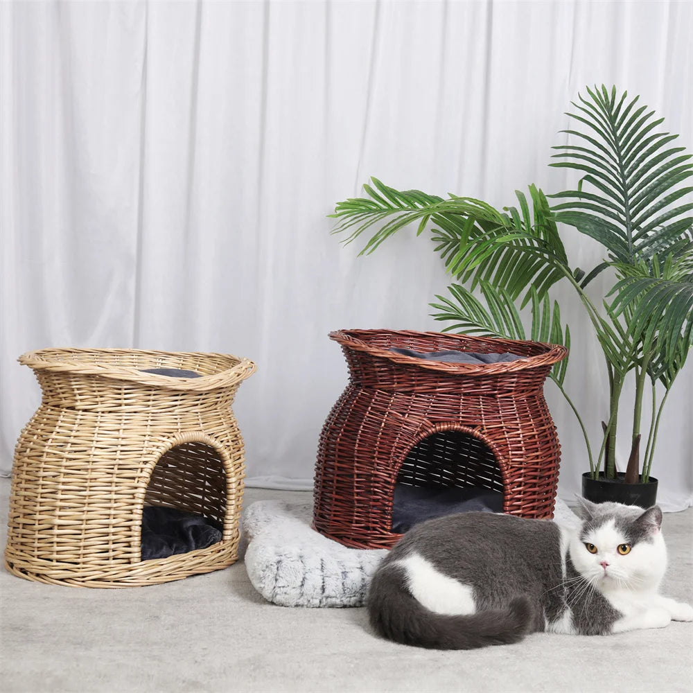 2-Tier Rattan Wicker Elevated Cat House with Soft Cushion