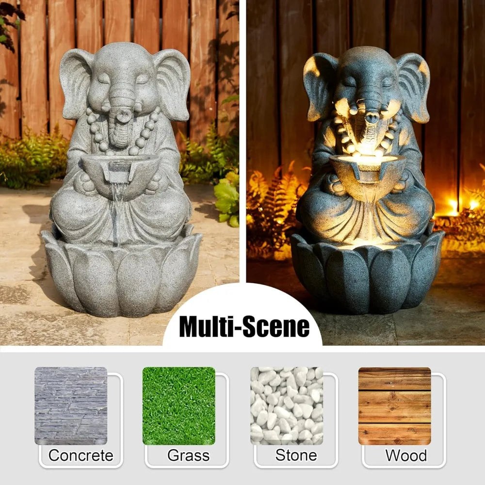 Zen Elephant Outdoor Water Fountain with LED Light