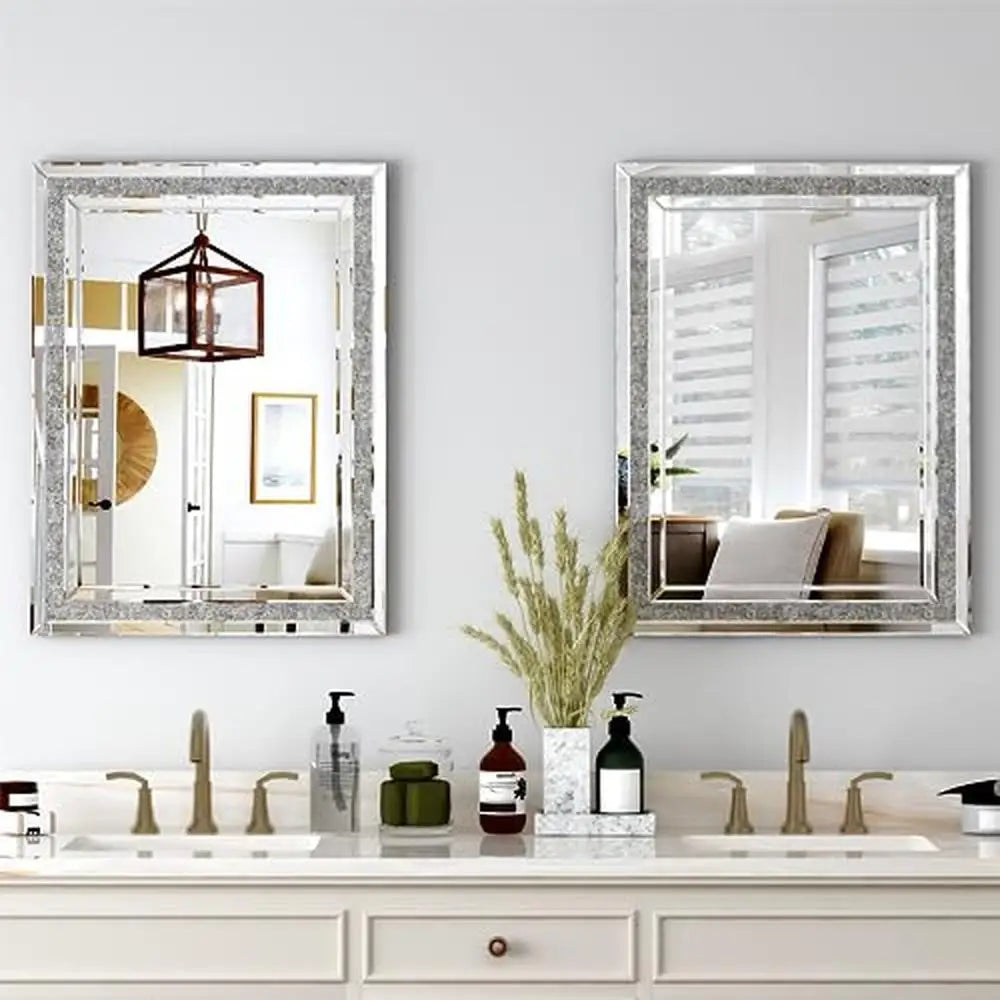 Crushed Diamond Beveled Wall Mirror Silver Luxury Decor MDF