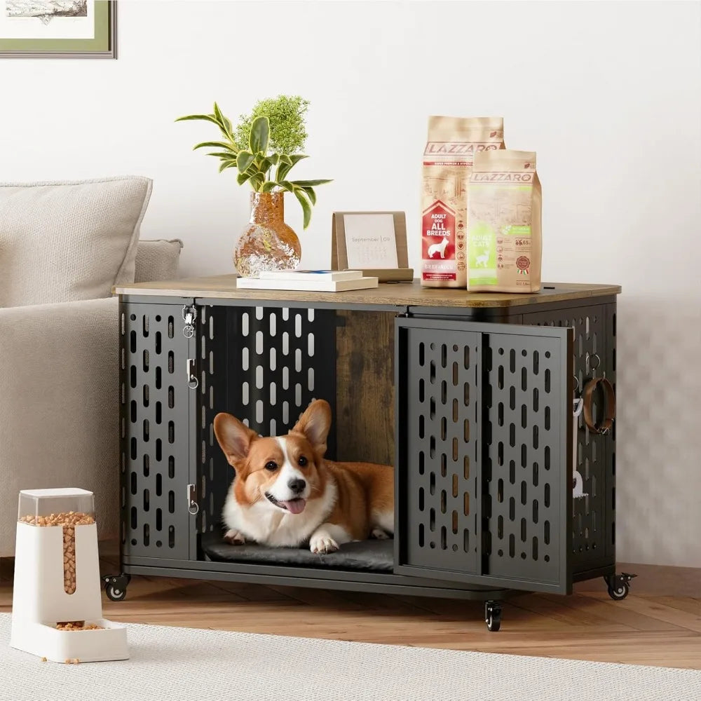 Heavy Duty Dog Crate Furniture with Cushion and Wheels