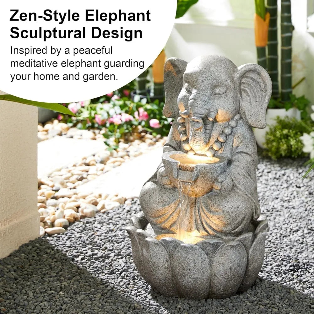 Zen Elephant Outdoor Water Fountain with LED Light