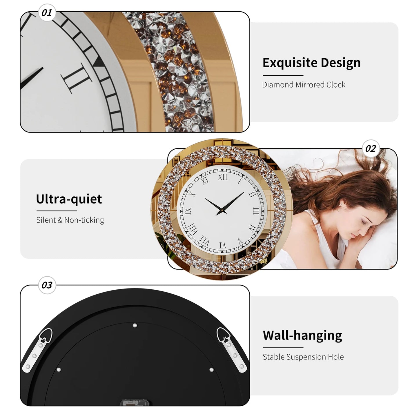 Bling Silver Round Mirror Wall Clock for Glam Home Decor